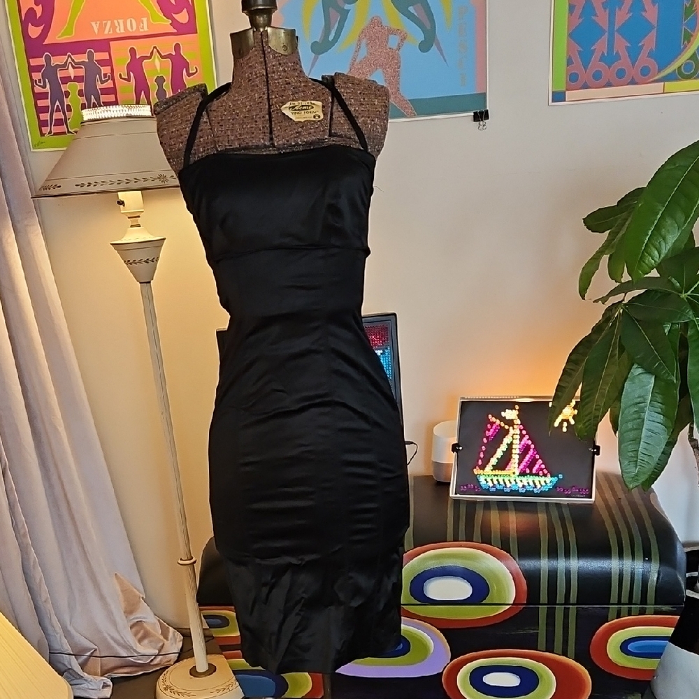 Vintage Y2K Bebe Black Satin Corset Bodycon Neck Strap Bustier Cocktail Dress XS